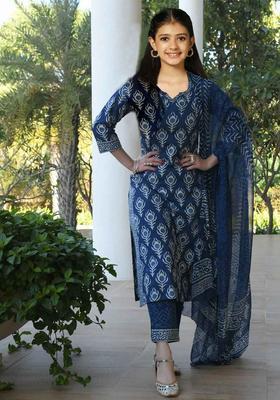 Navy Blue Printed Silk Kurta Set For Girls