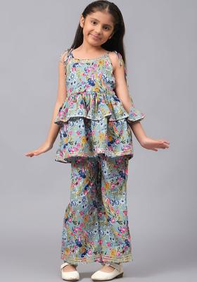 Blue Self Design Crepe Kurta Set For Girls