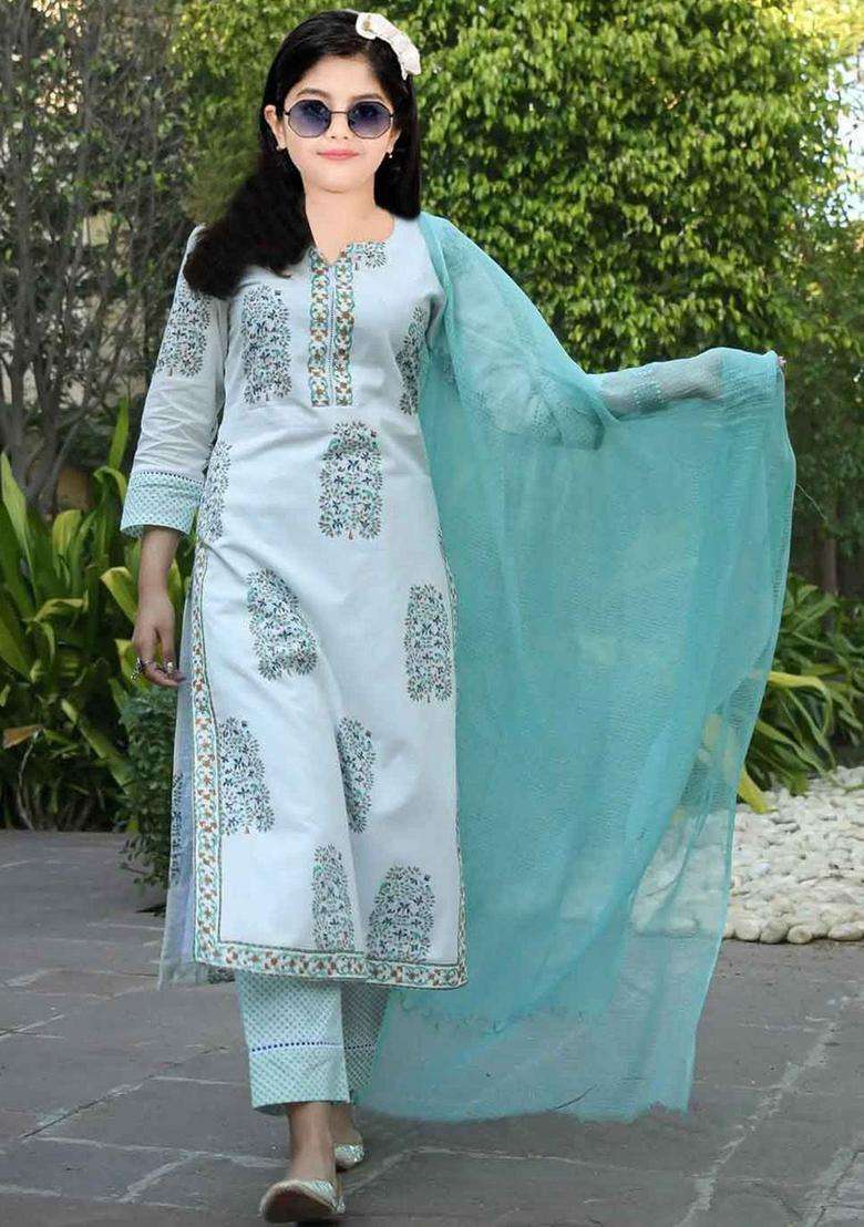 Cream Printed Silk Kurta Set For Girls - Indya
