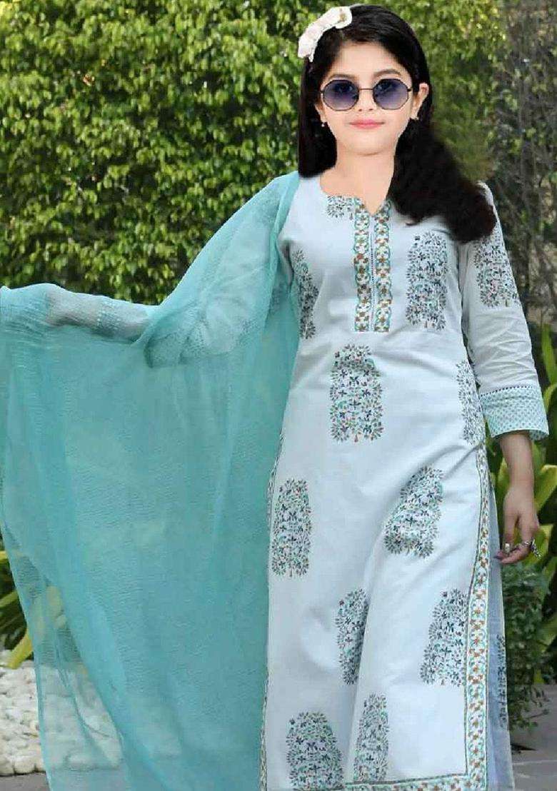 Cream Printed Silk Kurta Set For Girls - Indya