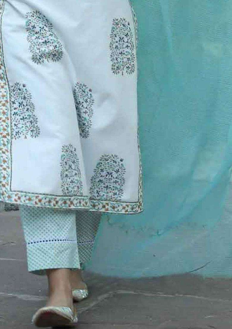Cream Printed Silk Kurta Set For Girls - Indya