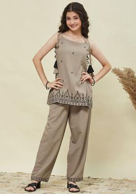 Beige Embroidered Cotton Kurta Set For Girls