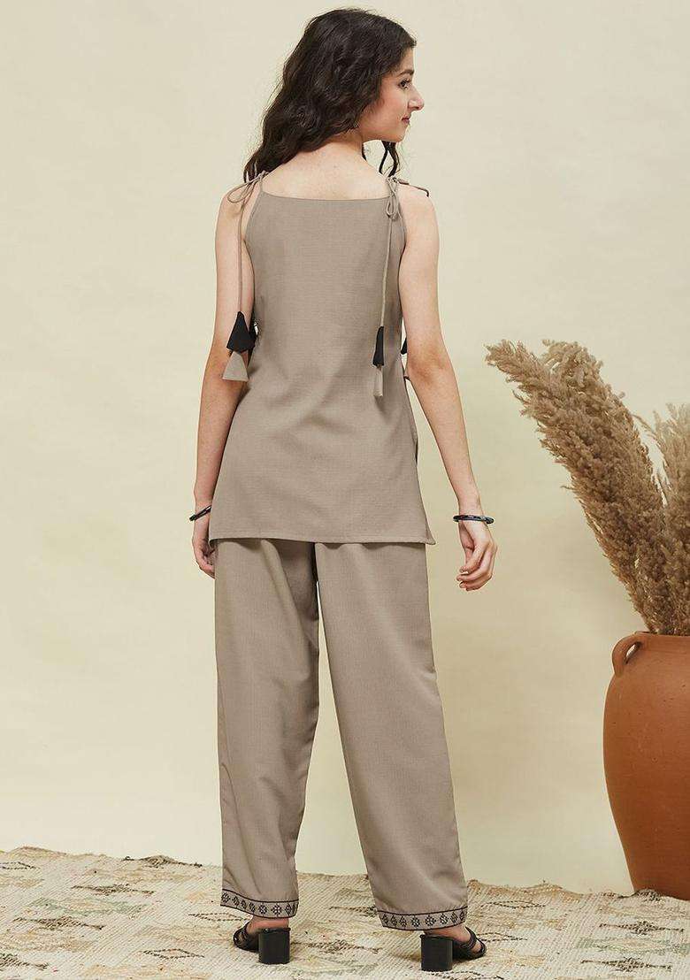 Beige Embroidered Cotton Kurta Set For Girls - Indya