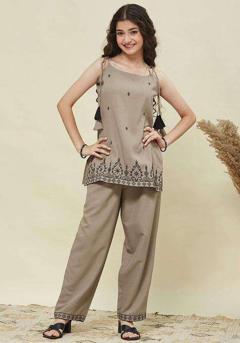 Beige Embroidered Cotton Kurta Set For Girls