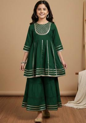 Green Embroidered Silk Kurta Set For Girls