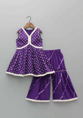 Purple Printed Polyester Kurta Set For Girls