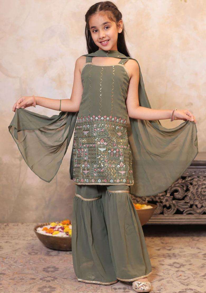 Olive Embroidered Georgette Kurta Set For Girls - Indya