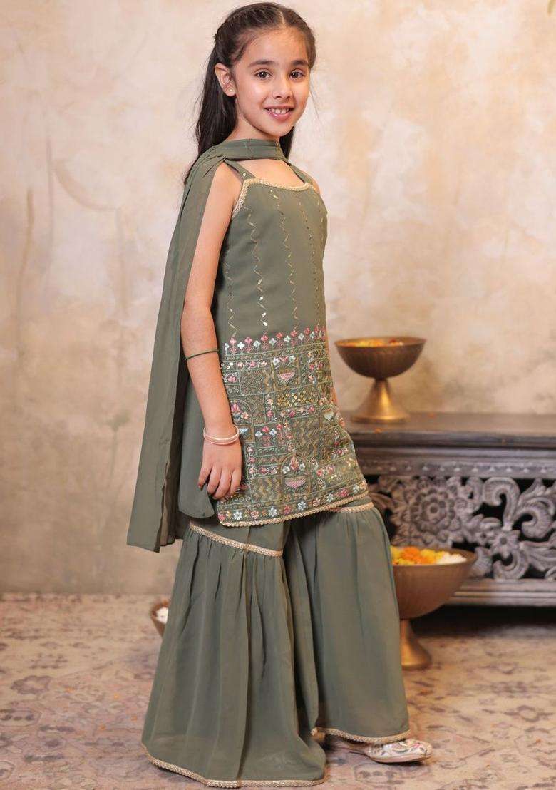 Olive Embroidered Georgette Kurta Set For Girls - Indya