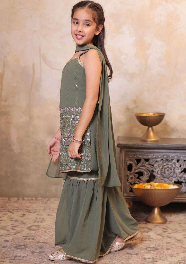 Olive Embroidered Georgette Kurta Set For Girls - Indya