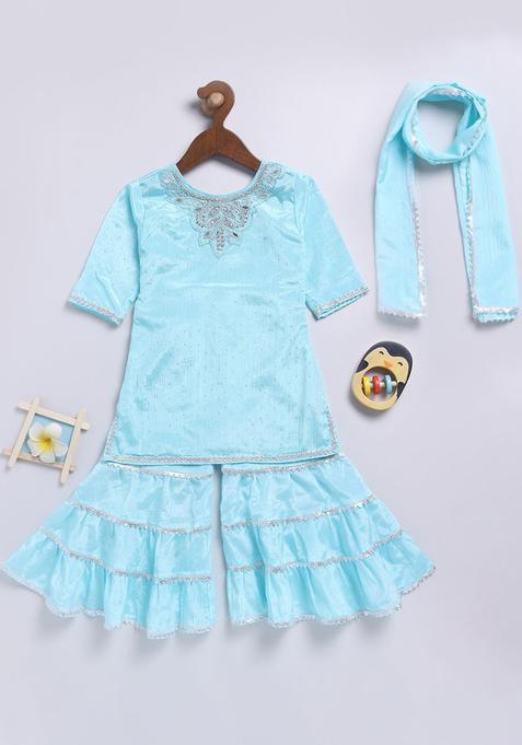 Blue Embroidered Silk Kurta Set For Girls — view on Indya