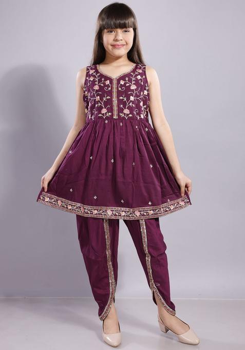 Maroon Embroidered Silk Anarkali Kurta Set For Girls — view on Indya