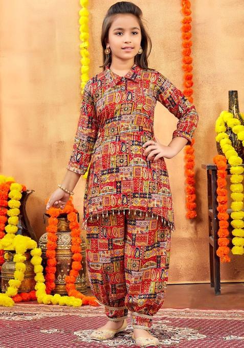 Red Cotton Kurta Set For Girls — view on Indya