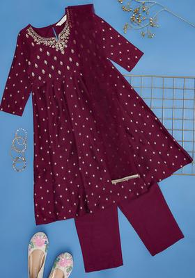 Maroon Embroidered Viscose Kurta Set For Girls