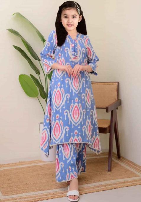 Blue Printed Viscose Kurta Set For Girls — view on Indya