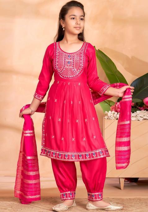 Pink Cotton Kurta Set For Girls — view on Indya