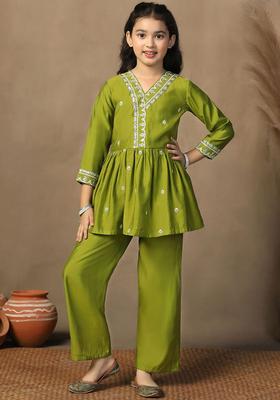 Green Embroidered Silk Kurta Set For Girls