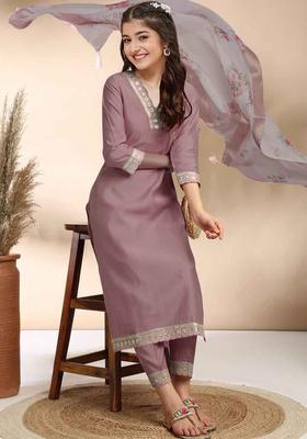 Purple Embroidered Silk Kurta Set For Girls