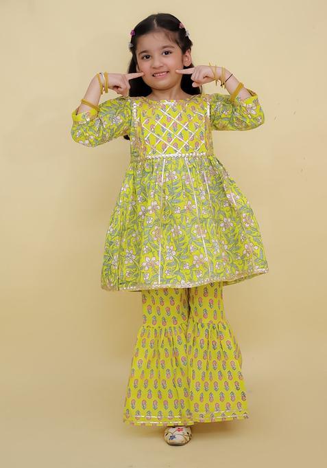 Yellow Printed Cotton Anarkali Kurta Set For Girls — view on Indya