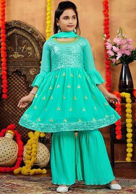 Sea Green Embroidered Georgette Anarkali Kurta Set For Girls