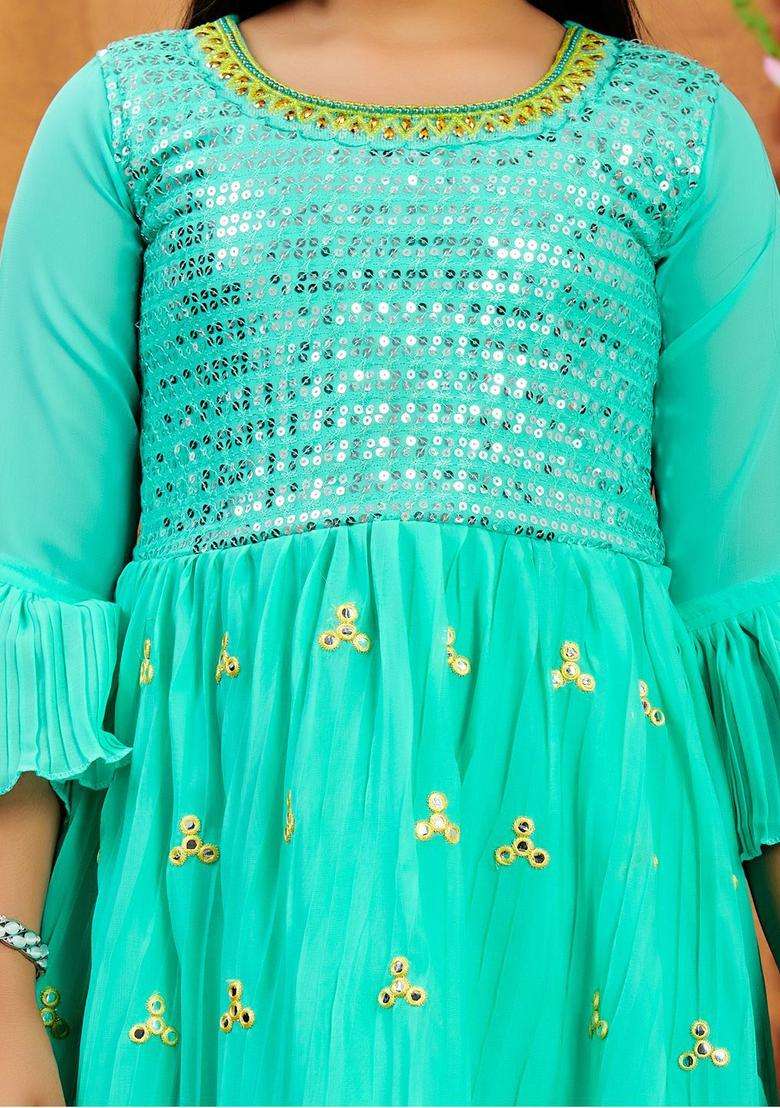 Sea Green Embroidered Georgette Anarkali Kurta Set For Girls - Indya