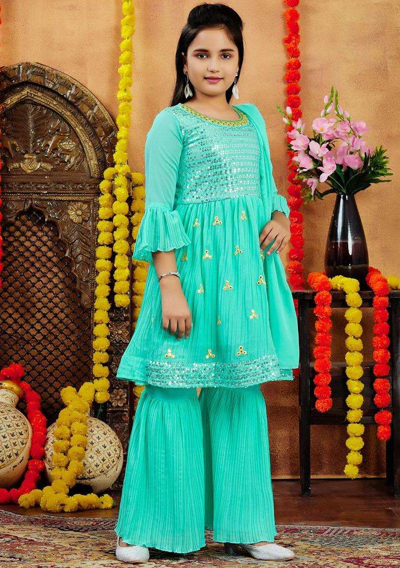 Sea Green Embroidered Georgette Anarkali Kurta Set For Girls - Indya