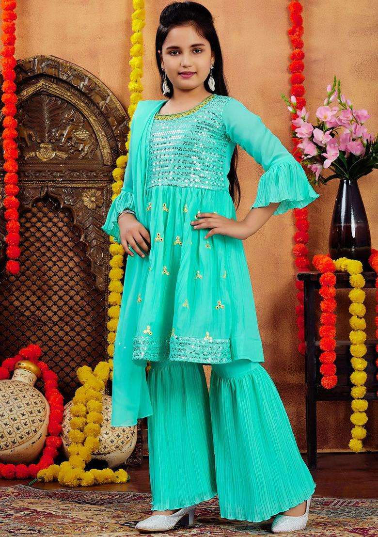 Sea Green Embroidered Georgette Anarkali Kurta Set For Girls - Indya