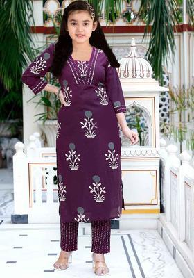 Maroon Printed Silk Kurta Set For Girls