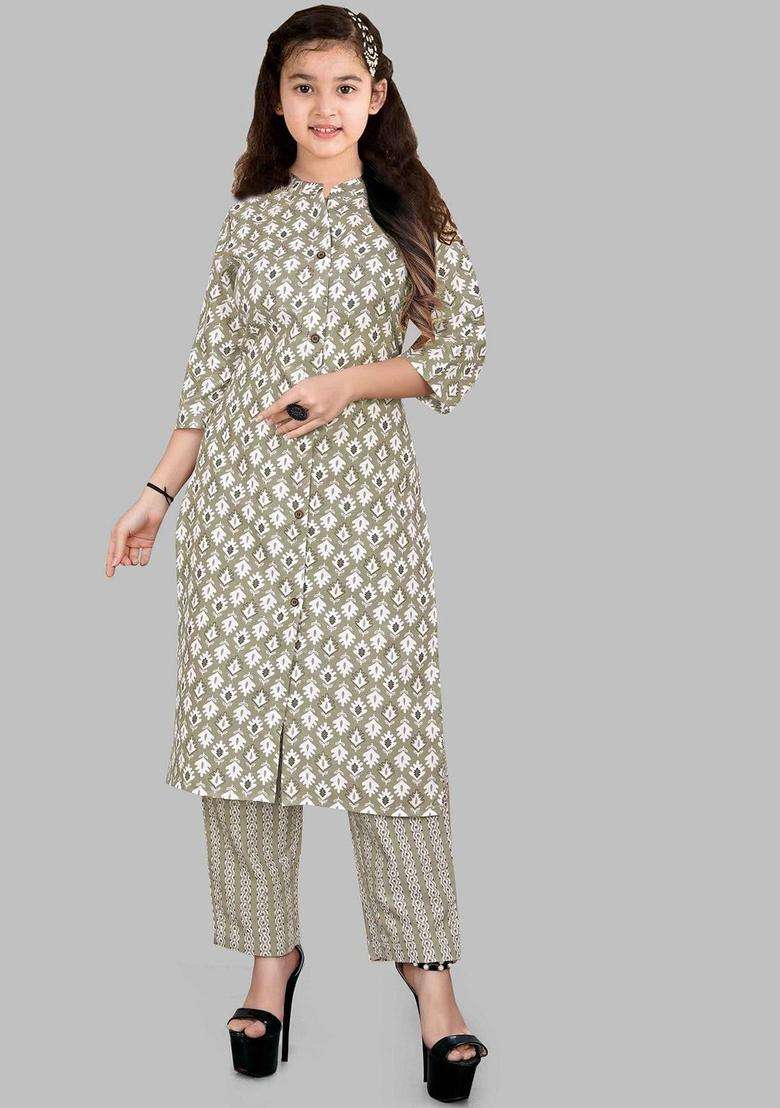 Beige Printed Silk Kurta Set For Girls - Indya