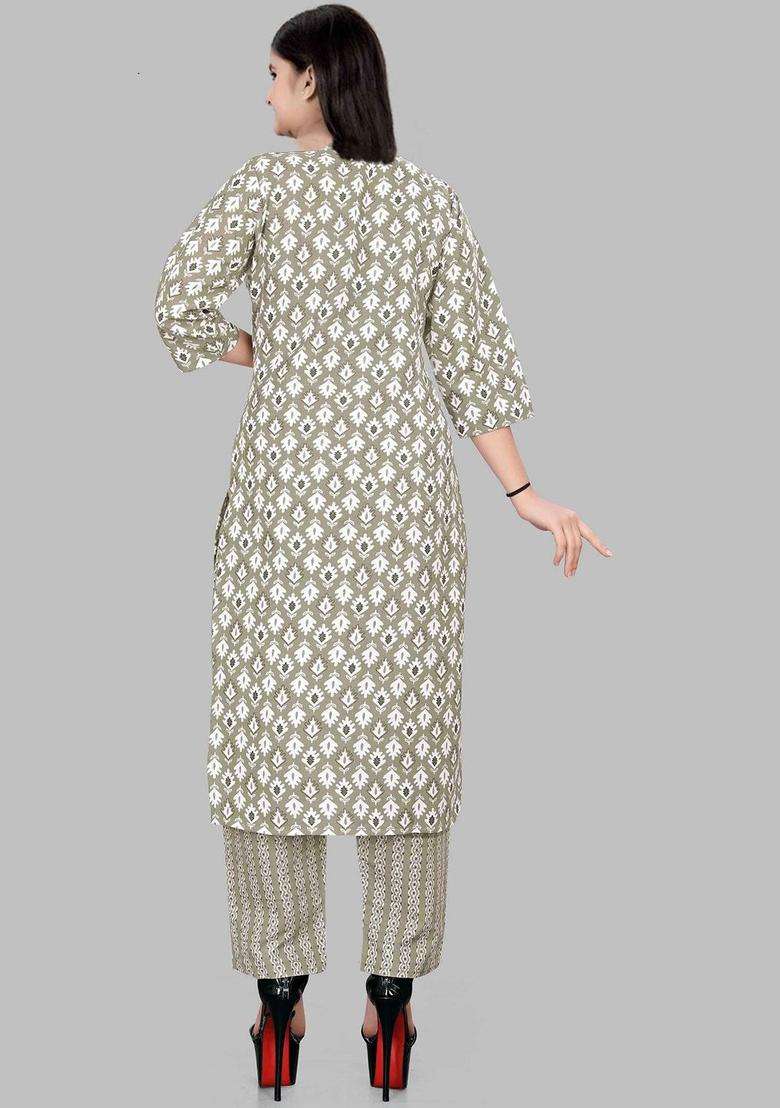 Beige Printed Silk Kurta Set For Girls - Indya