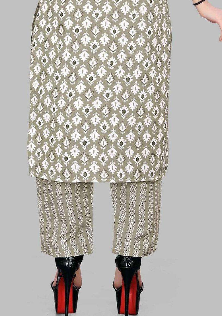 Beige Printed Silk Kurta Set For Girls - Indya