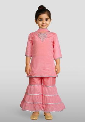 Pink Embroidered Silk Kurta Set For Girls