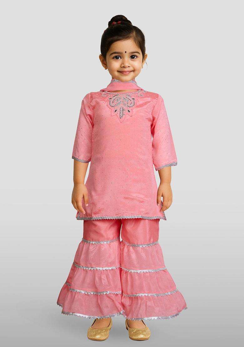 Pink Embroidered Silk Kurta Set For Girls - Indya