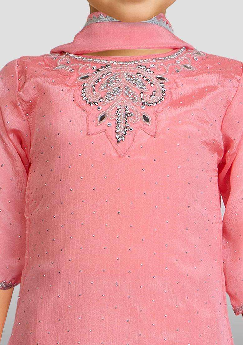 Pink Embroidered Silk Kurta Set For Girls - Indya