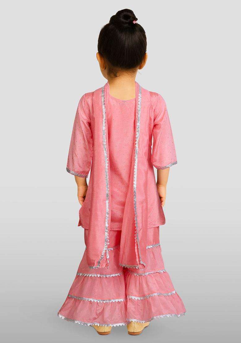 Pink Embroidered Silk Kurta Set For Girls - Indya