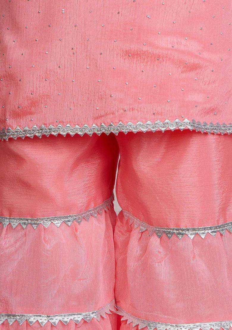 Pink Embroidered Silk Kurta Set For Girls - Indya