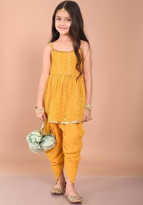 Yellow Embroidered Georgette Kurta Set For Girls