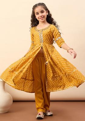 Yellow Printed Polyester Kurta Set For Girls
