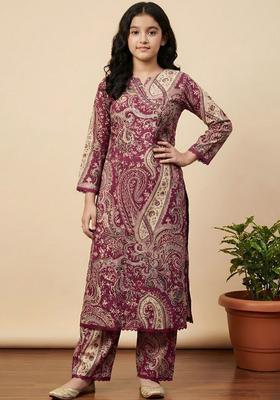 Maroon Printed Silk Kurta Set For Girls