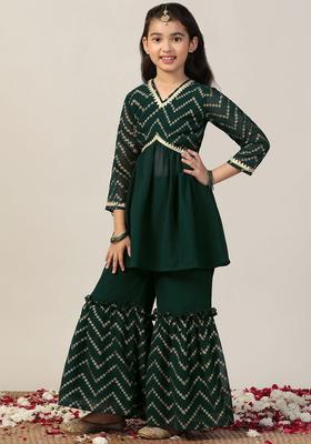 Green Printed Georgette Anarkali Kurta Set For Girls