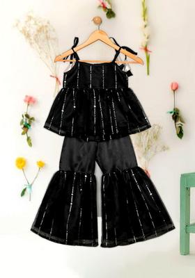 Black Embroidered Silk Kurta Set For Girls