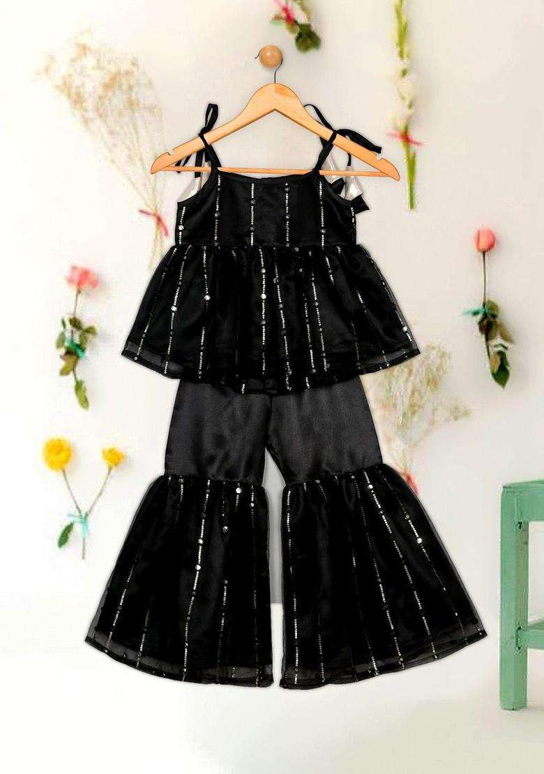Black Embroidered Silk Kurta Set For Girls - Indya