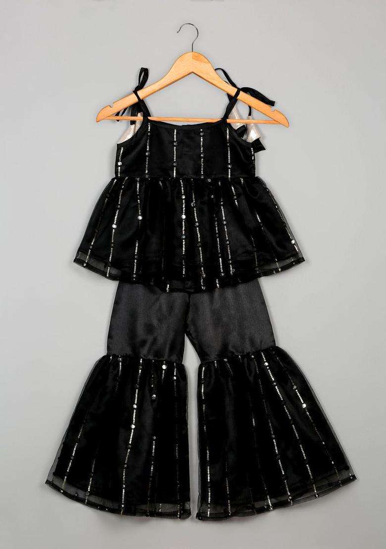 Black Embroidered Silk Kurta Set For Girls - Indya
