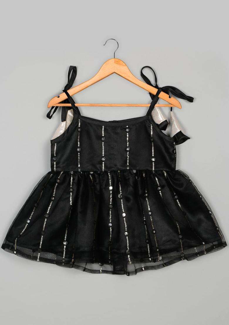 Black Embroidered Silk Kurta Set For Girls - Indya
