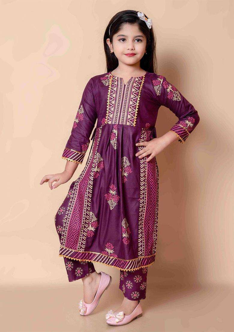 Purple Printed Viscose Kurta Set For Girls - Indya