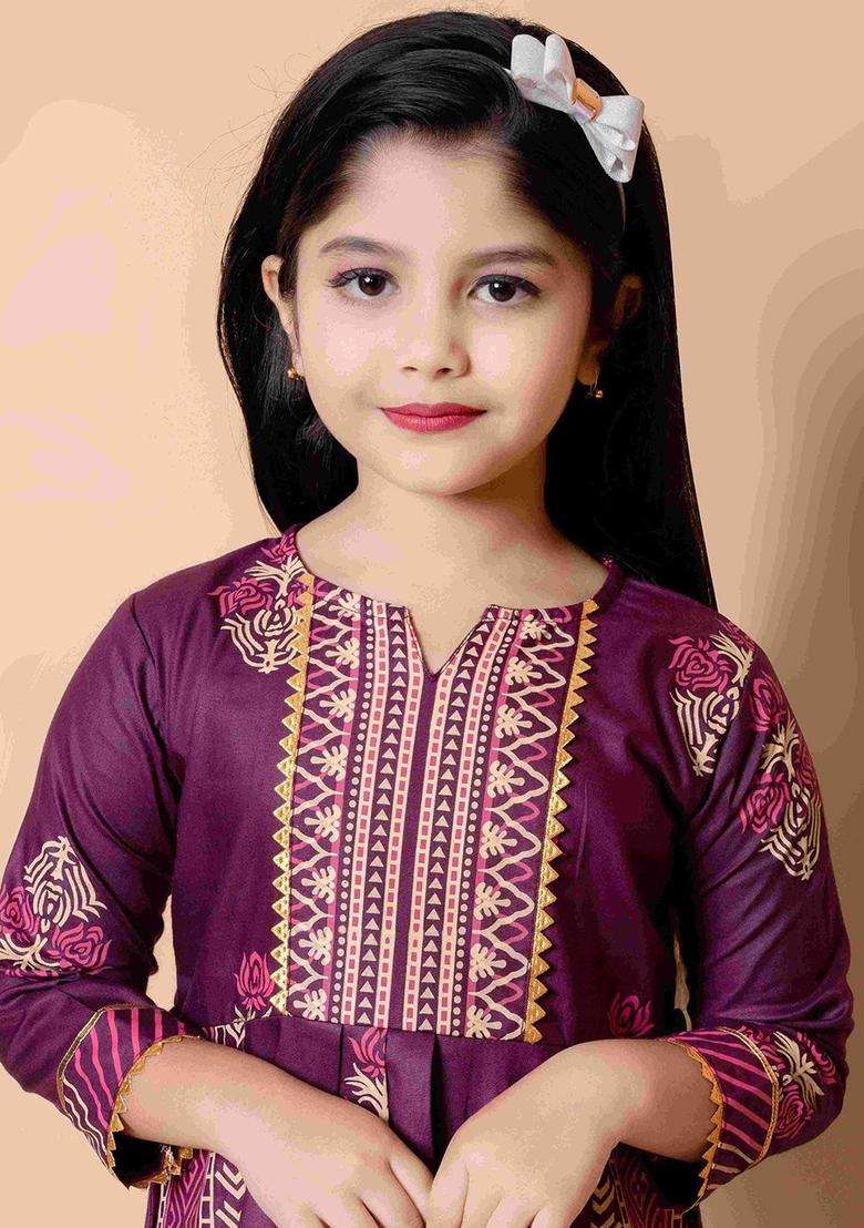 Purple Printed Viscose Kurta Set For Girls - Indya