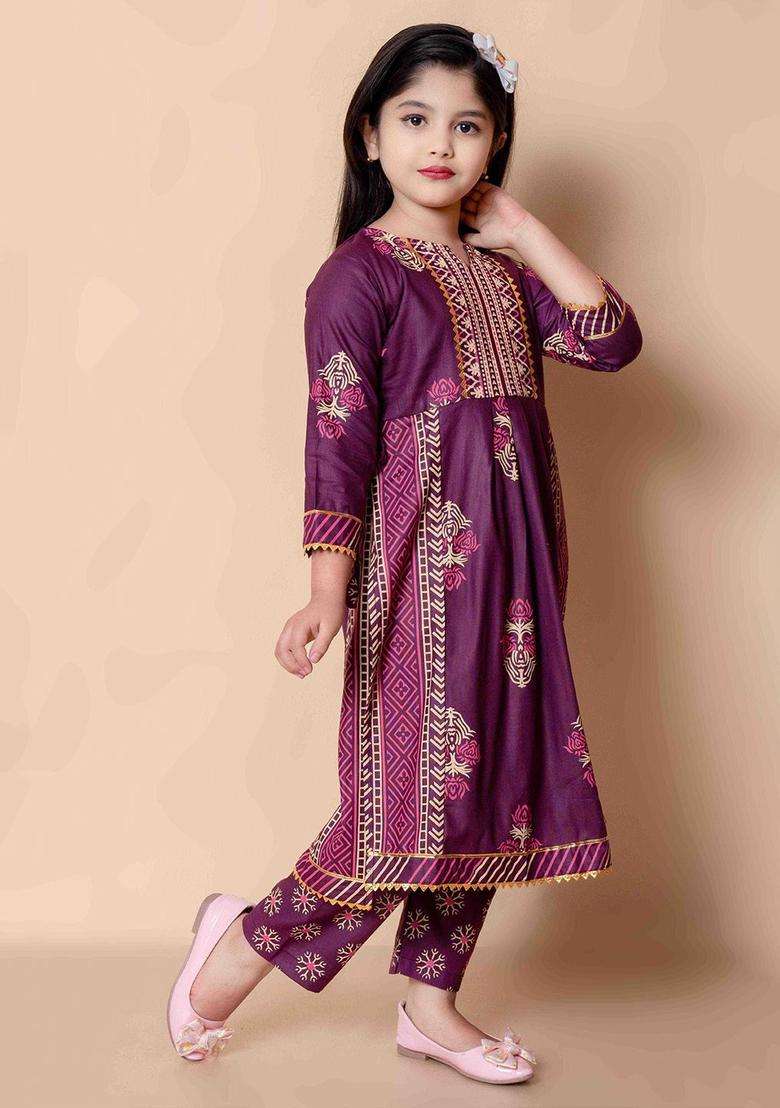 Purple Printed Viscose Kurta Set For Girls - Indya
