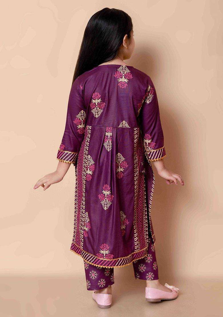 Purple Printed Viscose Kurta Set For Girls - Indya