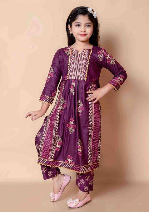 Purple Printed Viscose Kurta Set For Girls