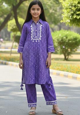 Purple Printed Silk Kurta Set For Girls