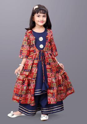 Navy Blue Solid Cotton Kurta Set For Girls